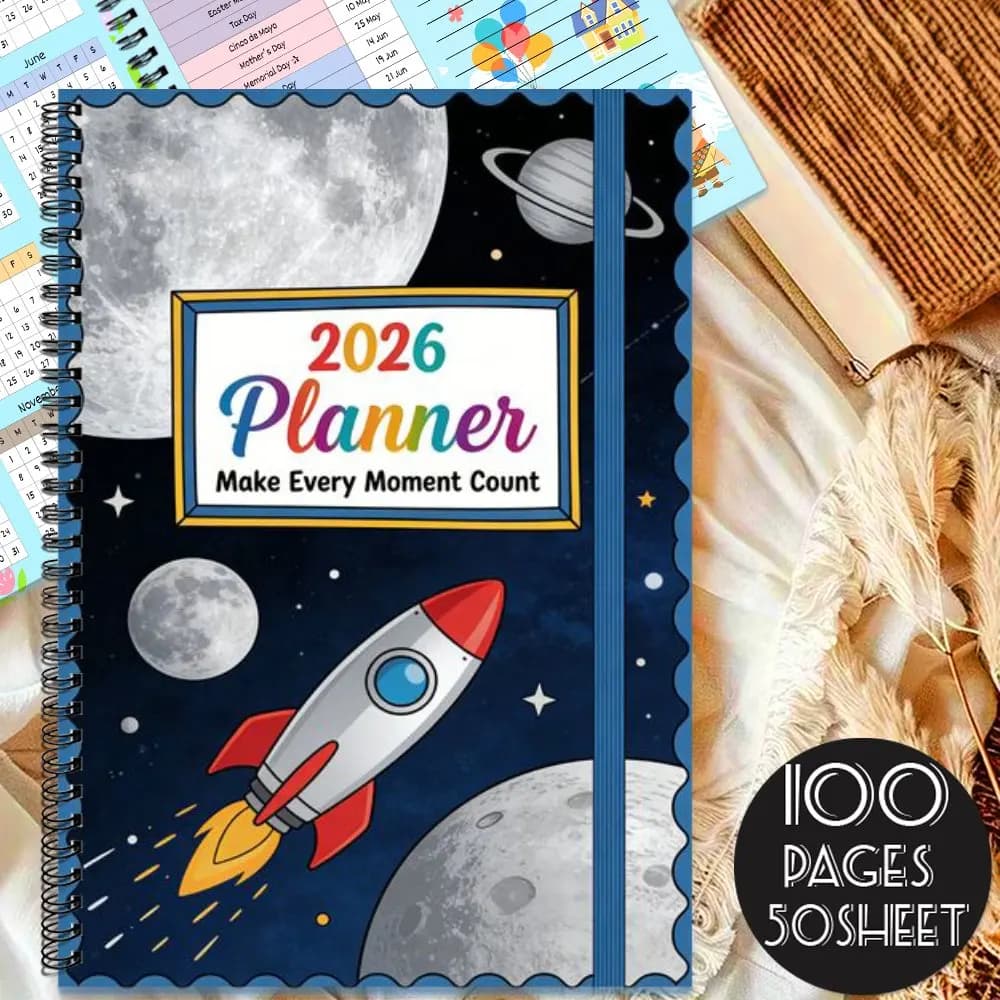 A5 2026 Color Inner Page Spiral - Bound Notebook,Durable Paper Daily & Work Planning Journal,Space Rocket Planets Themed Planner