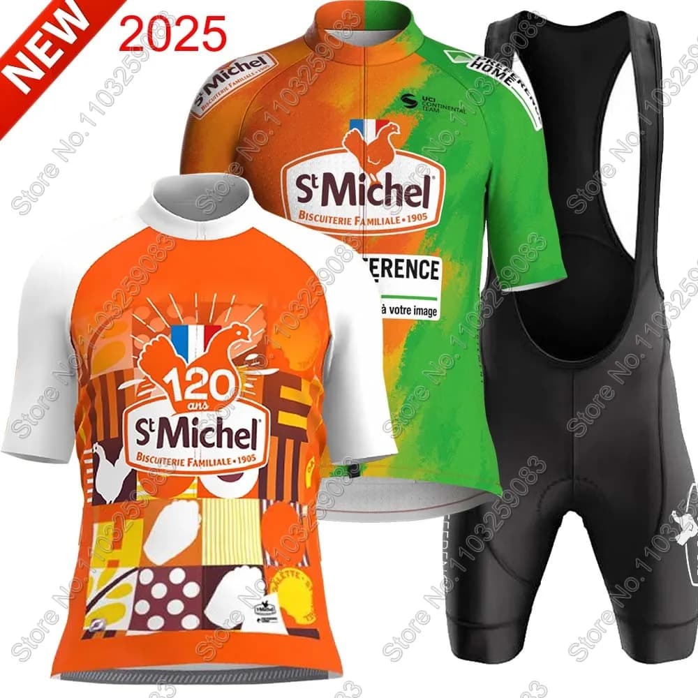 Cycling jersey Team St Michel 2025 Set for men orange green summer clothing road bike shirt shorts with bicycle straps MTB uniform Ropa