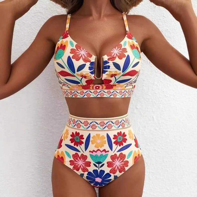 Women's 2-piece High Waist U-Line Bikini Set Floral Printed Swimsuit Cross Back Swimming