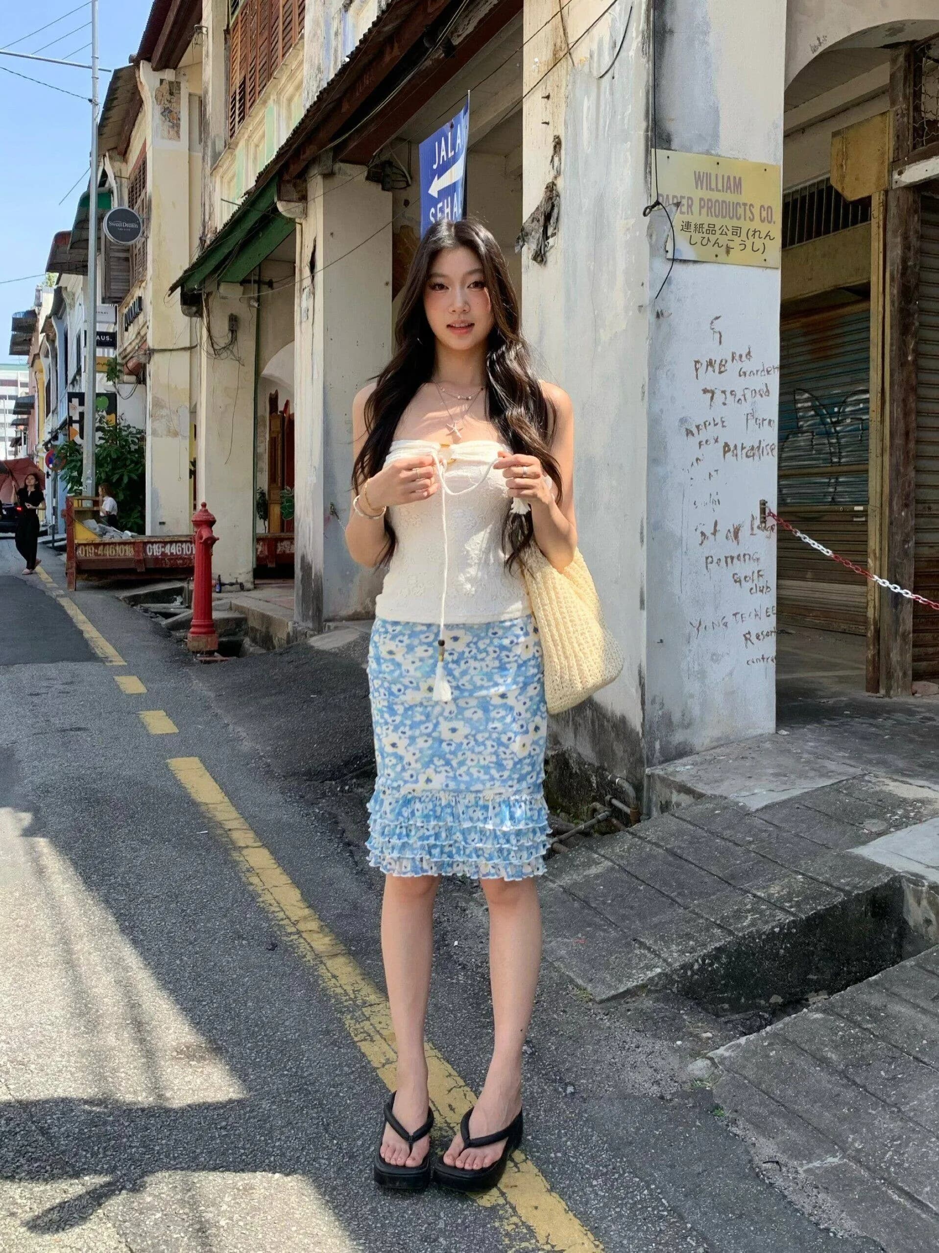 Fortunee2026 Blue Floral Half Skirt Women's Summer Fish Tail Splicing Gauze Body Skirt Floral Print mid Waist Slim Fit
