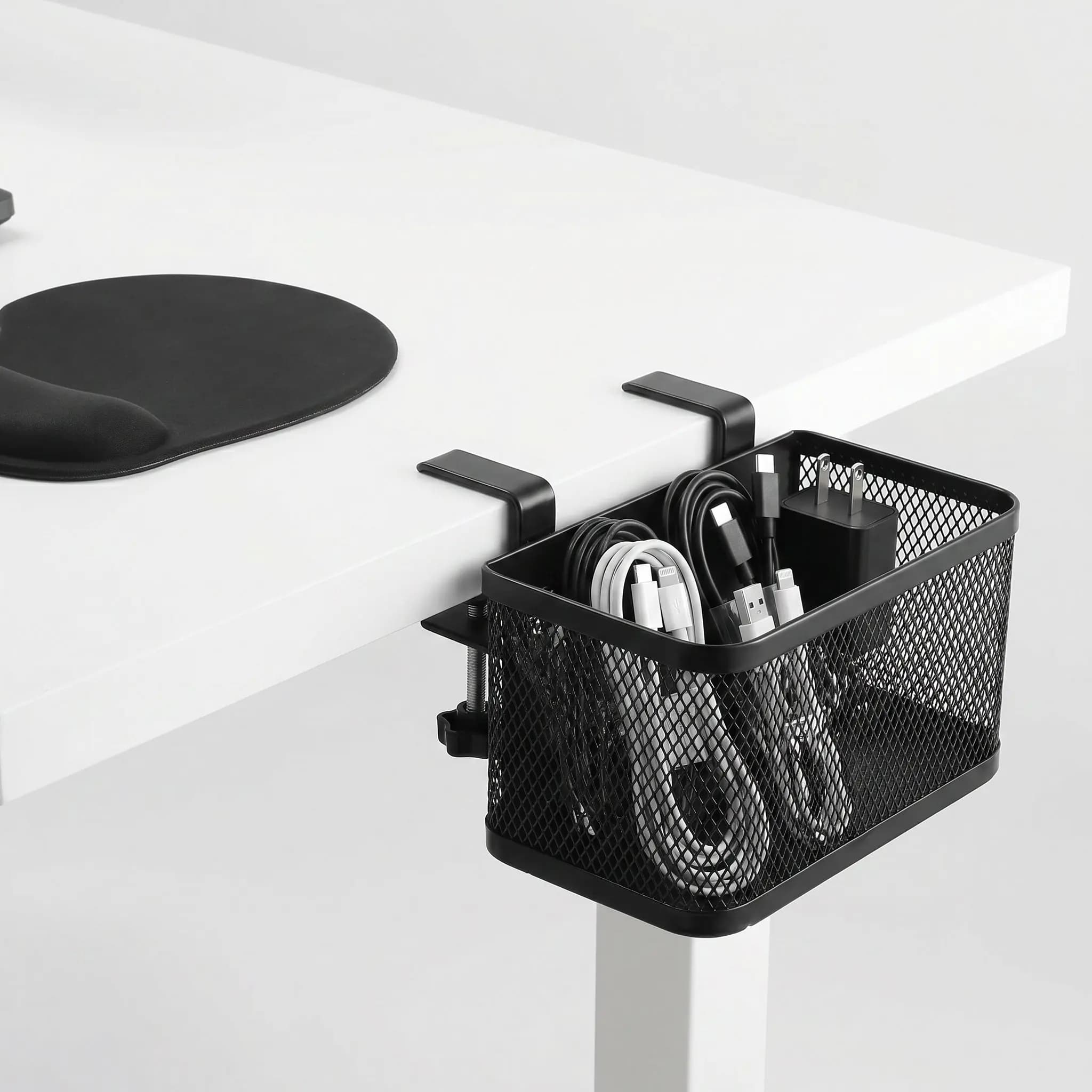 Under Desk Clamp on Organizer Basket Desktop Storage Shelf for Office Home School Cable Tray Cord Management File Pen Holder No