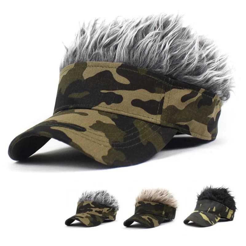 Army Green Camouflage Printed An-ti UV Golf Baseball Cap Fake Spiked Hair Sports Running Hat Mens Synthetic Wig Sunshade Sunhat