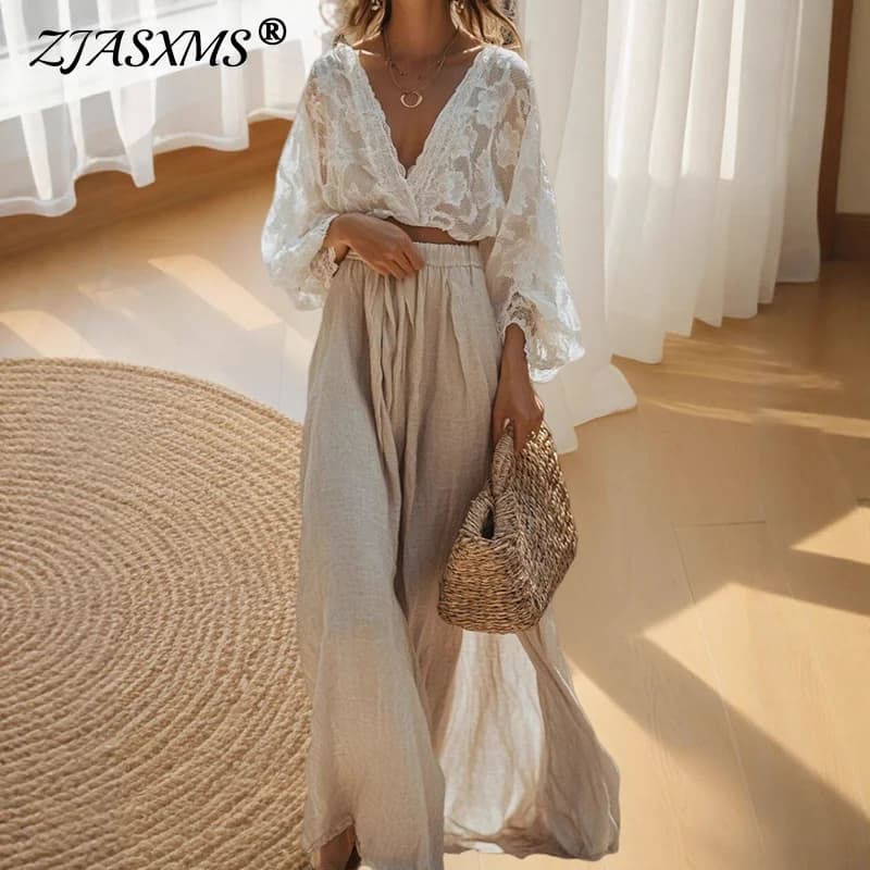 2026 New Spring Vacation Outfits Woman Sexy Deep V Neck Hollow Jacquard Tops+Cotton Linen Skirts Suit Autumn Embroidery Lace Set