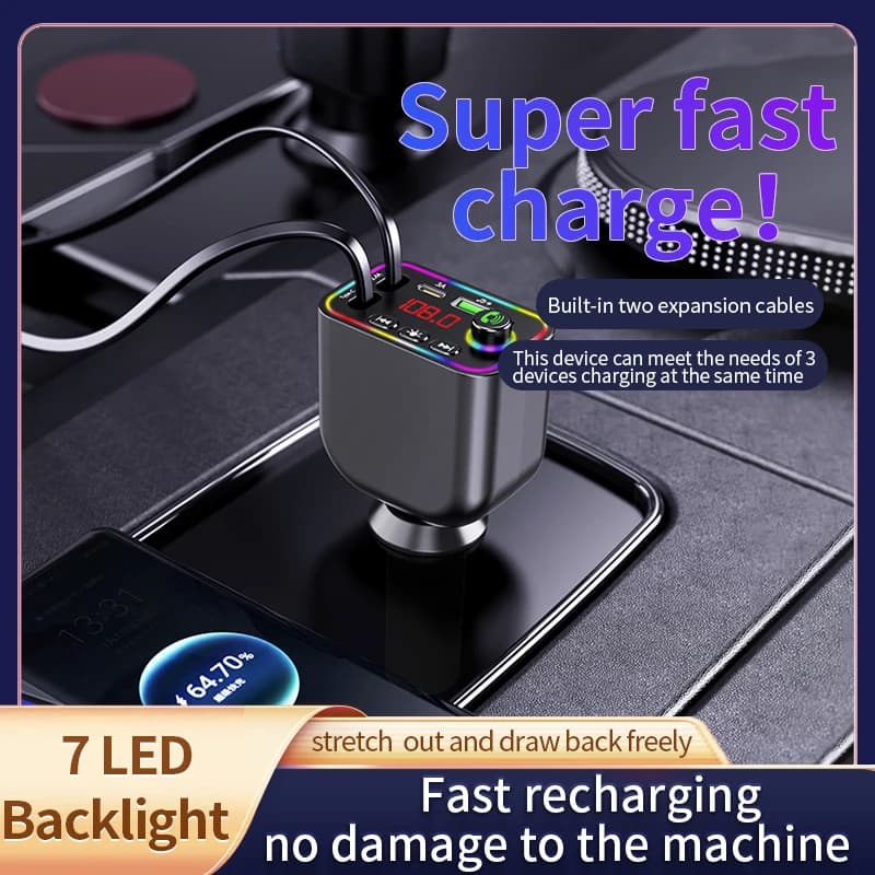 Y4 Retractable Car Charger: Quick Charging (Apple/Huawei) | Digital Display + MP3 Bluetooth and Cigar Adapter