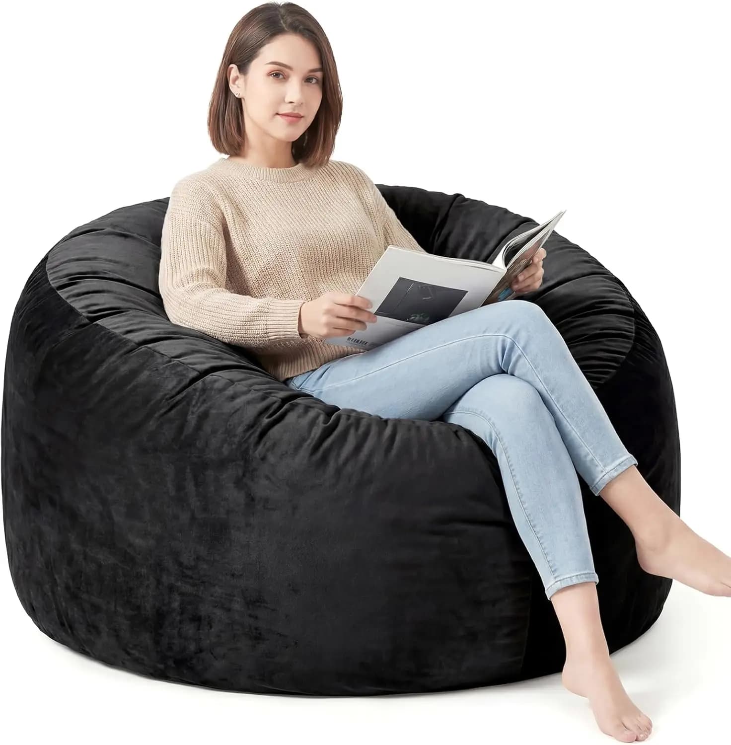 Poltrona Sacco da 120 cm per Adulti/Bambini, Grande Sacco Relax con Memory Foam, Rivestimento in Velluto Ultra Morbido Lavabile, Divano Peluche per Soggiorno, Camera da Letto, Gaming - Nero