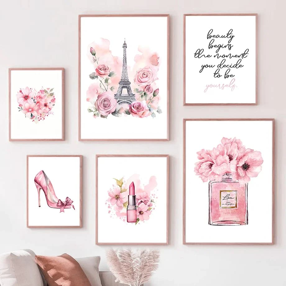 Paris Fashion Art Poster Pink Eiffel Tower Perfume Bottle Wall Art Canvas Painting Nordic Poster Home Living Room Decor