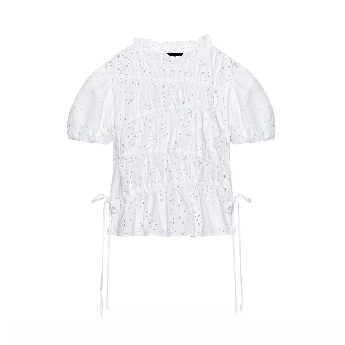 Elegant Summer Women's Shirt with Bubble Sleeves round Neck Embroidered Hollow out Top Half Skirt Skin-friendly Breathable Co...
