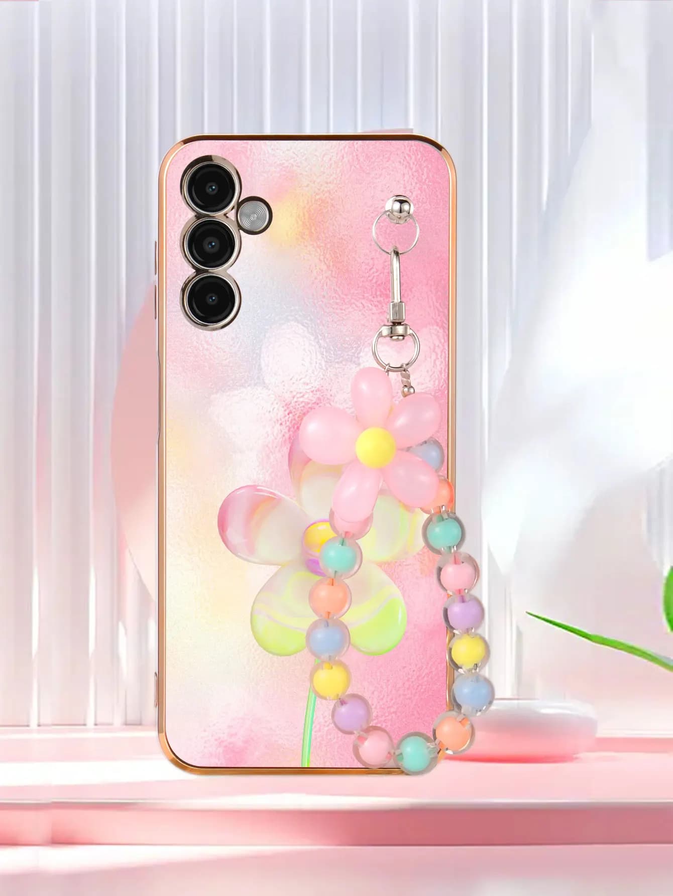 Cover for Phone Pink Electroplated Beads Bracelet Colored to Pink Flowers for Samsung Galaxy A01 10 11 12 15 20 S 4G 5G SE