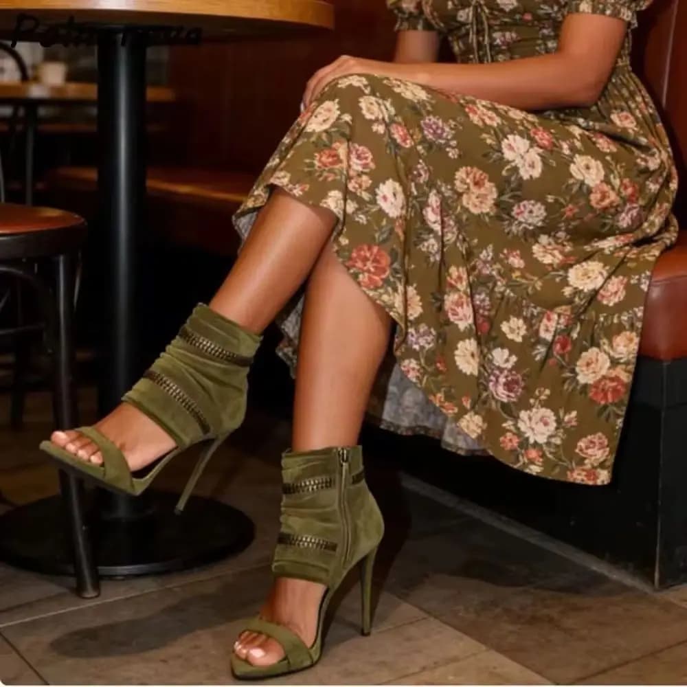 Slouchy Zipper Detail Sandals Boots Green Suede Peep Toe Straight Strap Party Shoes Hollow Green Pleated Summer Retro Shoes