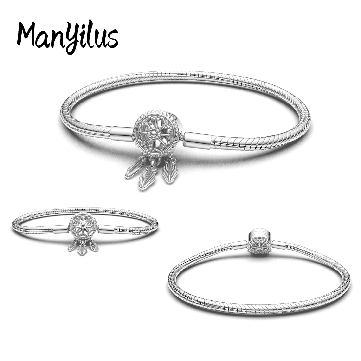 Manyilus 925 Sterling Silver Dreamcatcher Snake Chain Bracelet Fits European Charm Feather Pendant Bangle Women Jewelry Gift