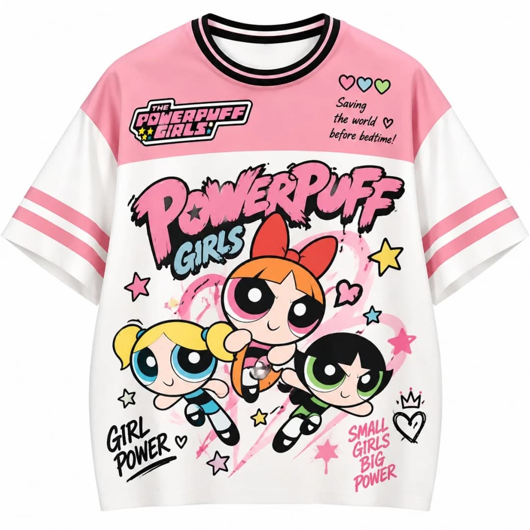 Powerpuff Girls Cartoon T-shirt Unisex 3D Print Color Block Stripe Cuff Short Sleeve Tee Retro Anime Casual Tops Kids Tshirt