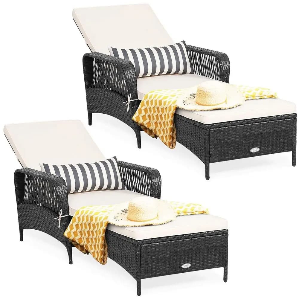 Set di 2 Chaise Longue da Esterno, Sdraio in Rattan con Cuscino Spesso, Cuscino Lombare, Schienale Regolabile per Giardino