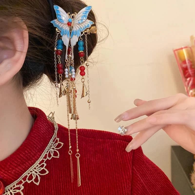 Fermaglio per capelli con farfalla smaltata in stile cinese, accessorio per capelli da donna in stile Hanfu antico, clip laterale