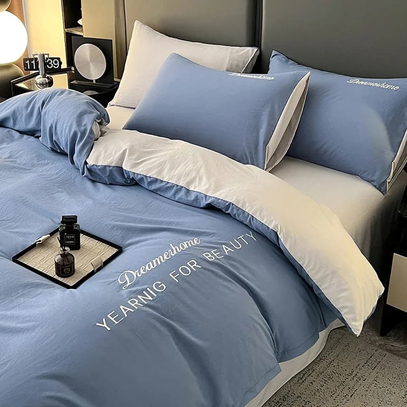 Simple solid color quilt cover dormitory bed sheet three-piece set light luxury high-end embroidery four-piece set