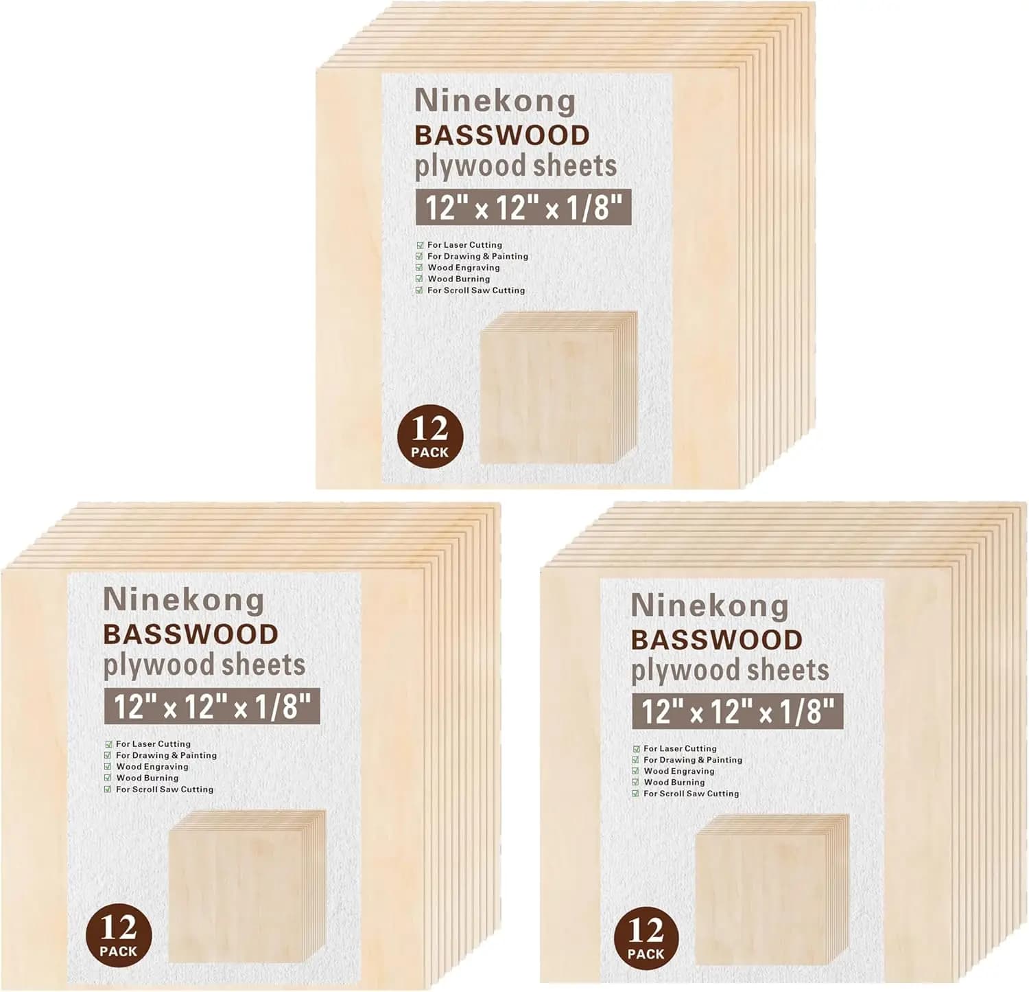 Pack of 36 sheets of 1/8 inch, 12x12x3 mm plywood for laser cutting, raw engraving, handicraft