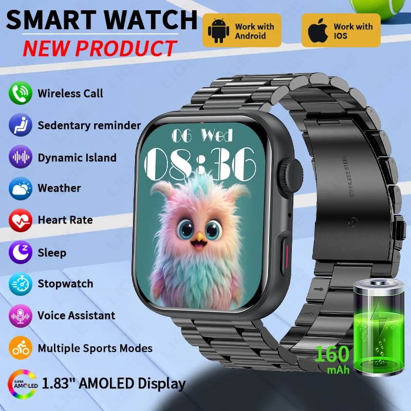 LIGE Smartwatch con chiamata Bluetooth da uomo, schermo AMOLED HD da 1,83 pollici, frequenza cardiaca, pressione sanguigna, tracker GPS sportivo, smartwatch impermeabile