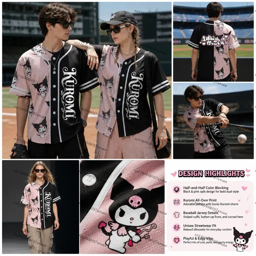 Maglietta Unisex Stile Y2K S-3XL, T-Shirt da Baseball Sanrio Kuromi per Donne, Maglietta Anime a Maniche Corte alla Moda