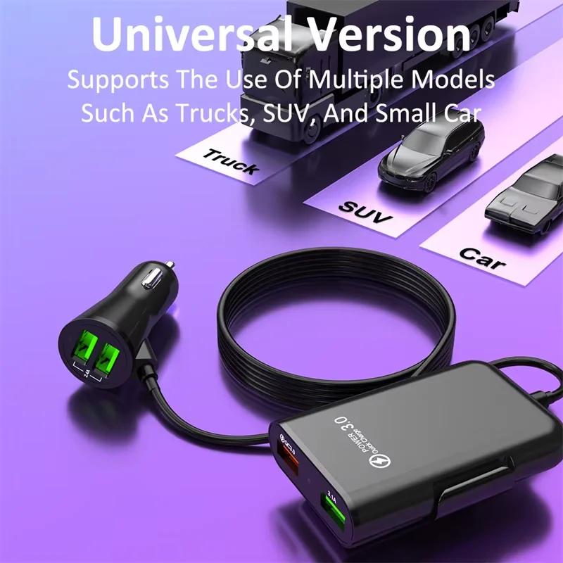 USB Car Charger 40W to 4 ports QC3.0 with Fast Recharge Extension Cable, Universal Multiport Adapter 12V 24V for iPhone, Android and Dash Cam