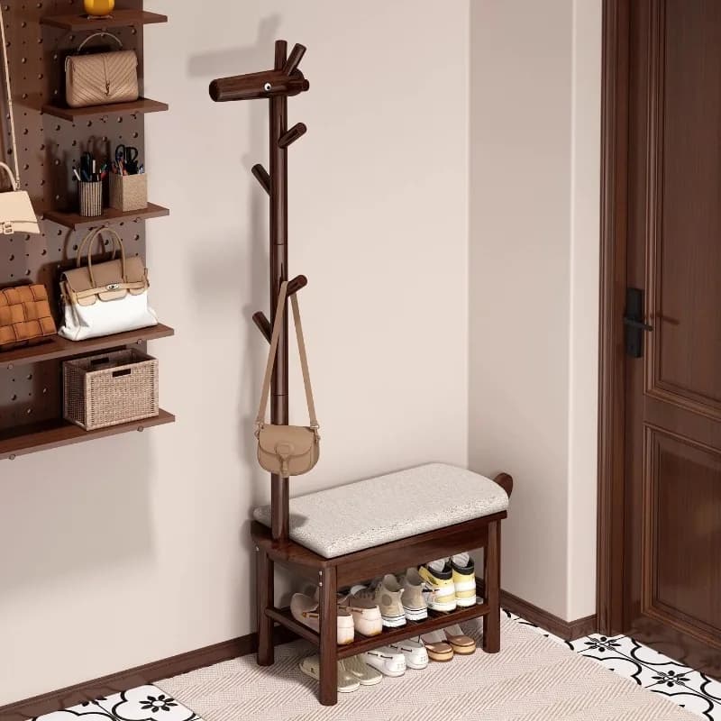Solid Wood Shoe Cabinets Cartoon Deer Shaped Shoe Bench Multifunctional Seating Clothes Hanger Living Room Storage Furniture