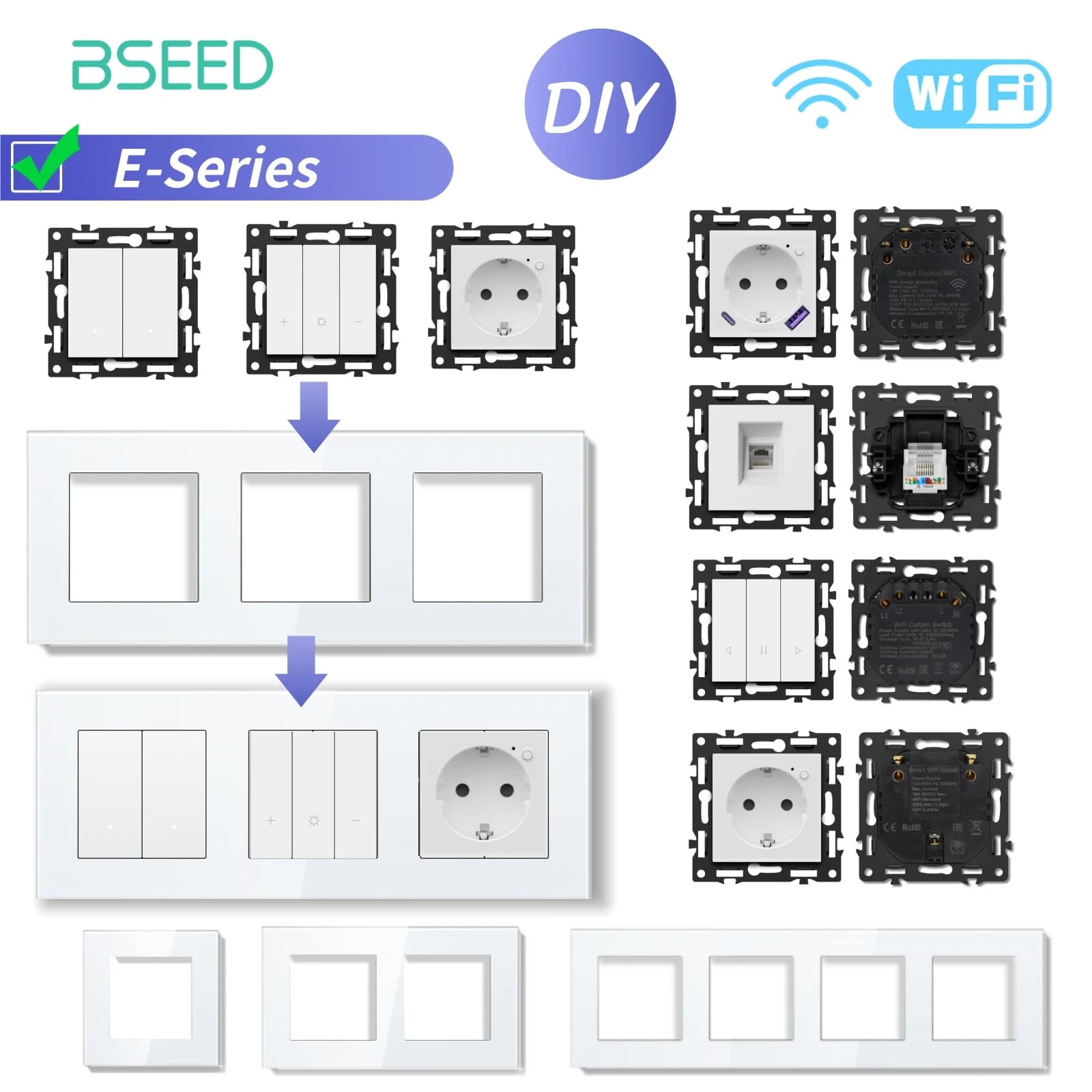 BSEED WIFI Click Switch Modules Smart Light Switch Parts White Glass Frame DIY Combination Wall Sockets USB Charge Key E-Series