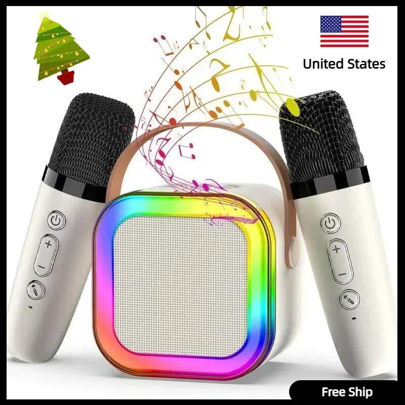 Macchina per karaoke per bambini con riempimento divertente! Effetti di luce RGB + 2 microfoni wireless trasparenti, regalo portatile per l'interazione di compleanno/giardino!