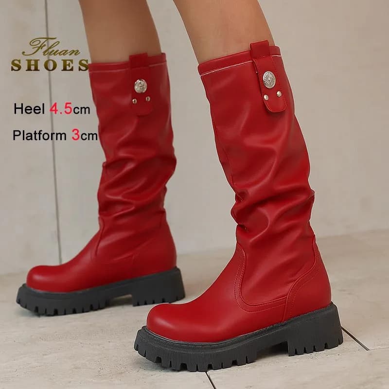 2025 Women's Knee Boots New calf boots with medium heel 4.5 cm High casual red fashion knight boots large size