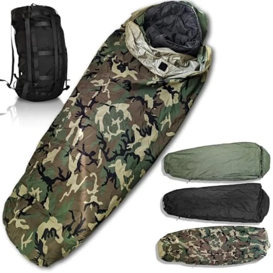 Sistema di Sacco a Pelo Militare Tattico Modulare in 4 Parti per Climi Freddi, Include Sacca di Trasporto e Copertura Bivy Intermedia