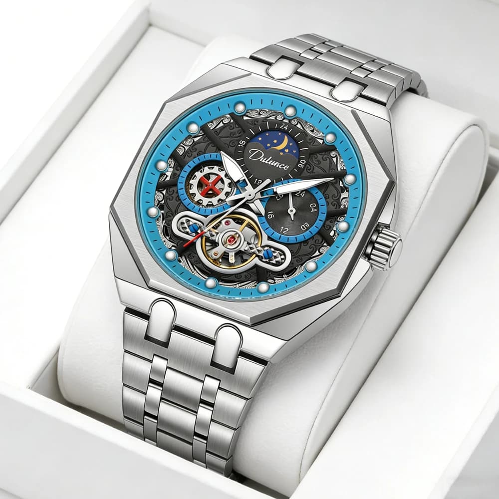 New Fashion Moon Phase Tourbillon Watch for Men Luxury Stainless Steel Mechanical Watches Waterproof Automatic Wristwatch Mens