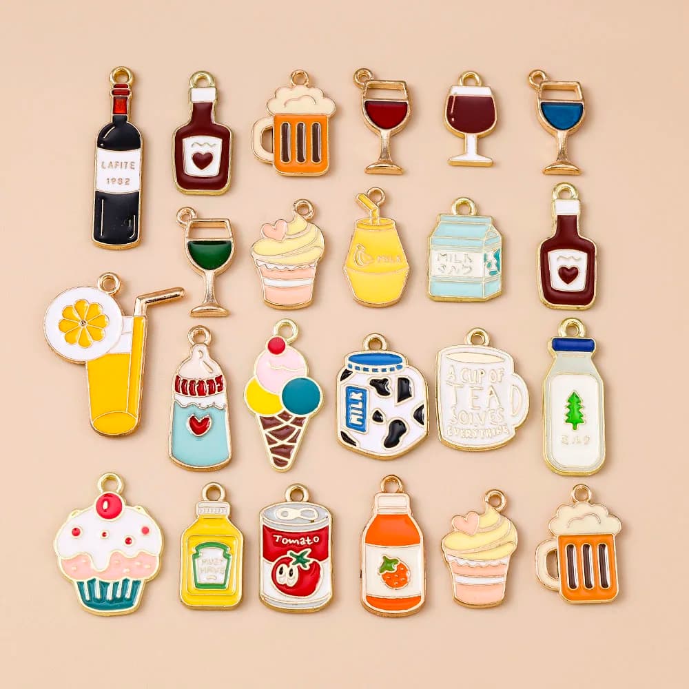 Leslie 10pcs Enamel Cute Food Drink Ice Cream Cake Juice Cola Charms Pendants for Necklaces DIY Jewelry Making Accessories