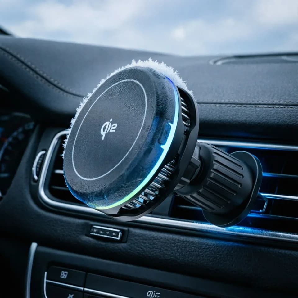 Caricatore Wireless per Auto Qi2.2 con Funzionamento a Una Mano, Raffreddamento e Forte Magnete a 360° ° Supporto per telefono con rotazione e ventola di raffreddamento per iPhone 16 Pro