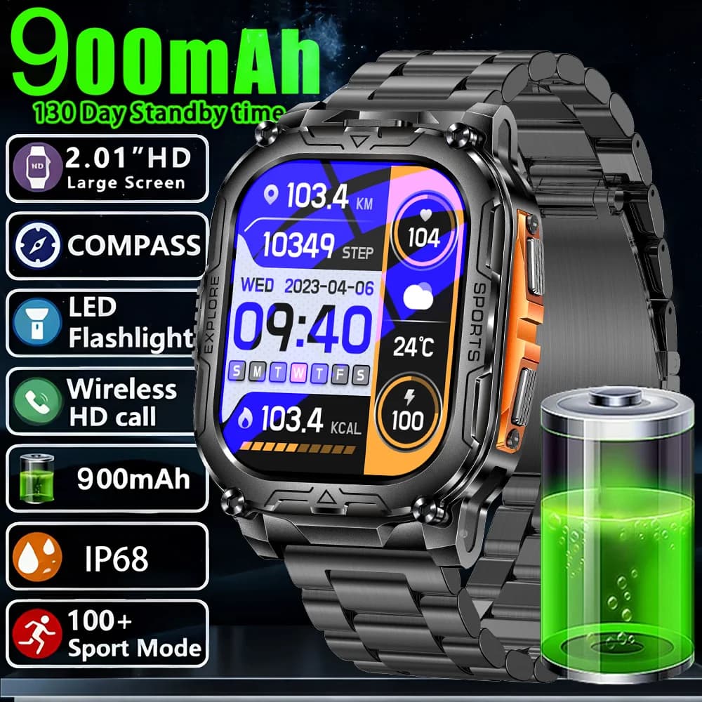Nuovo 1000mAh Militare Outdoor Astuto Della Vigilanza Degli Uomini Torcia A LED IP68 Impermeabile Sport 2.01 pollici Chiamata Bluetooth Smartwatch 2025