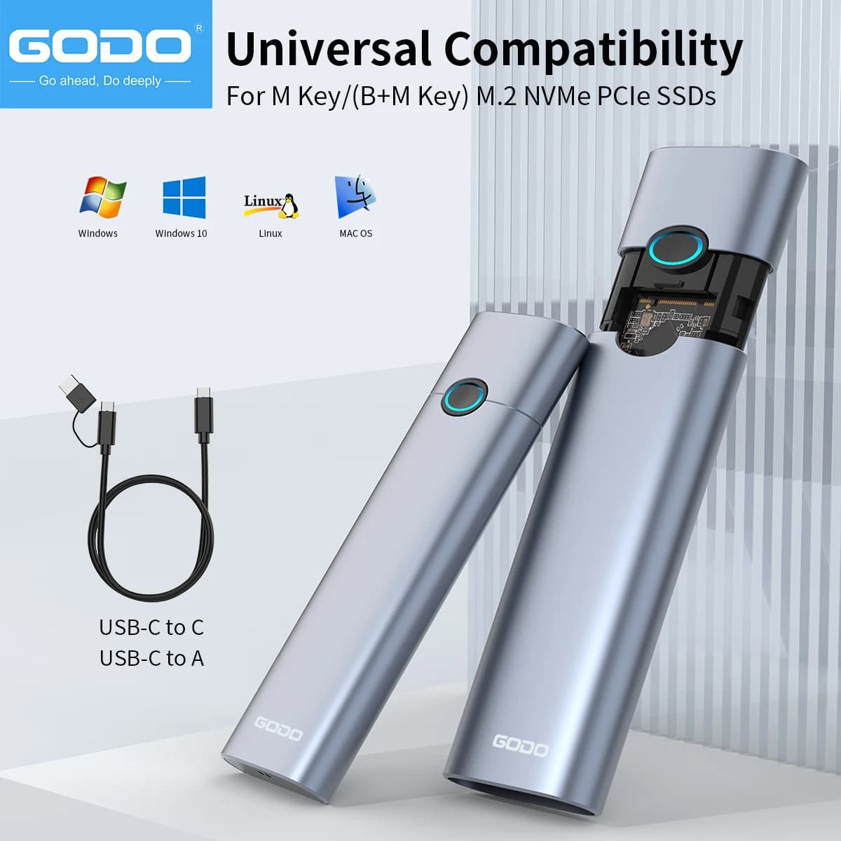 GODO M2 SSD Case M.2 NVMe SSD Enclosure Adapter 10Gbps USB 3.2 Gen2 USB C External Enclosure M.2 NVME Aluminum Hard Drive Case