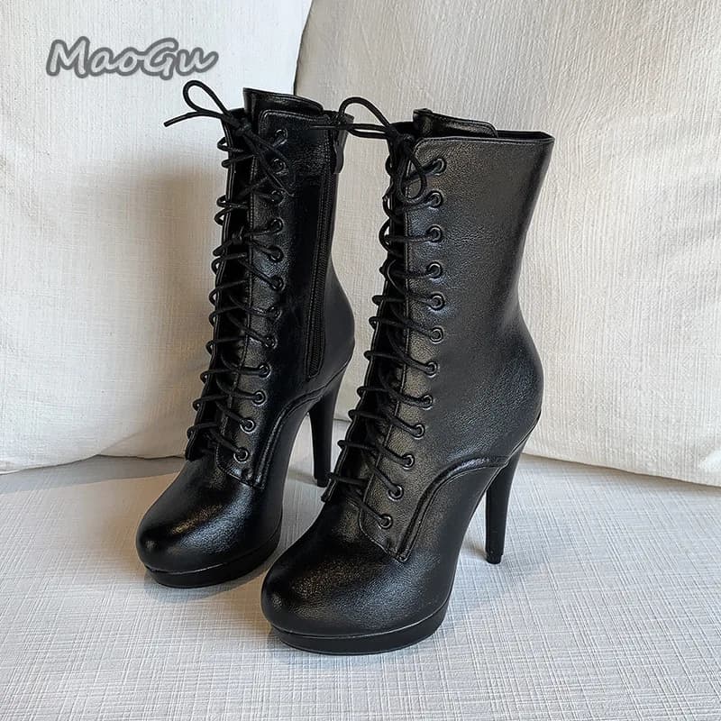 Stivali alti da donna in pelle PU Tacchi neri da 12 cm per donna Piattaforma con zip laterale Stivaletto corto da donna Street Style Scarpe da ballo Sexy