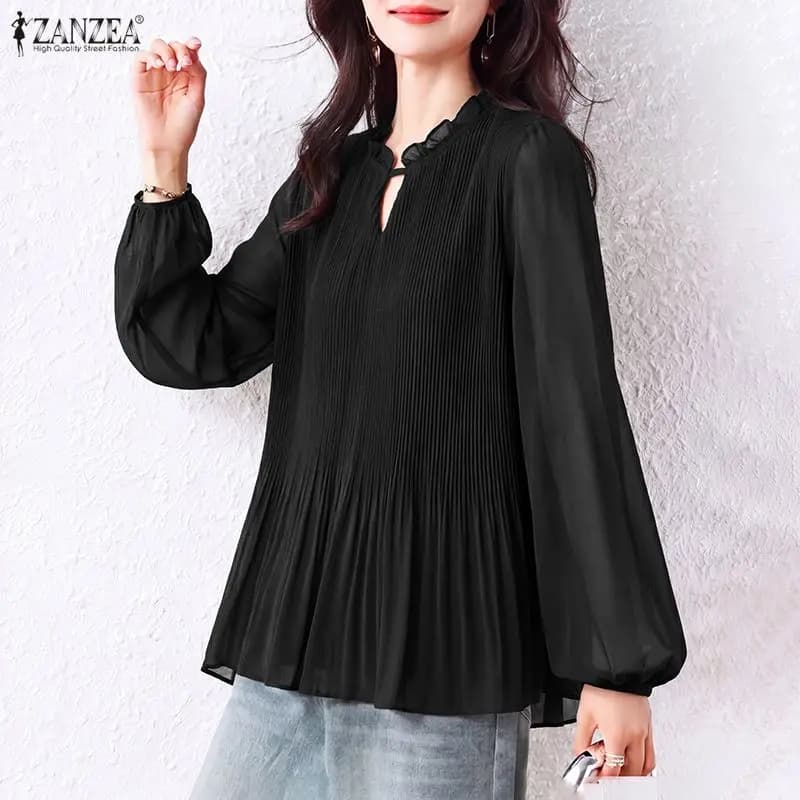 Women Blouse Spring Autumn Chiffon Tops Casual V-Neck Pleated Long Lantern Sleeve Ruffle Tops ZANZEA Elegant Office Tunic