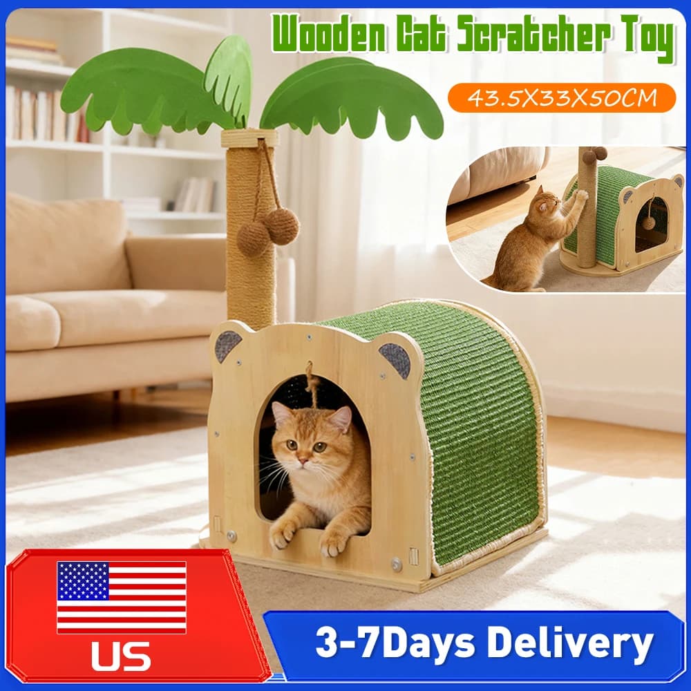 Tiragraffi per Gatti a Forma di Albero di Cocco in Legno e Sisal con Palline Appese e Cuccia Morbida in Peluche per 1-2 Gatti o Gattini