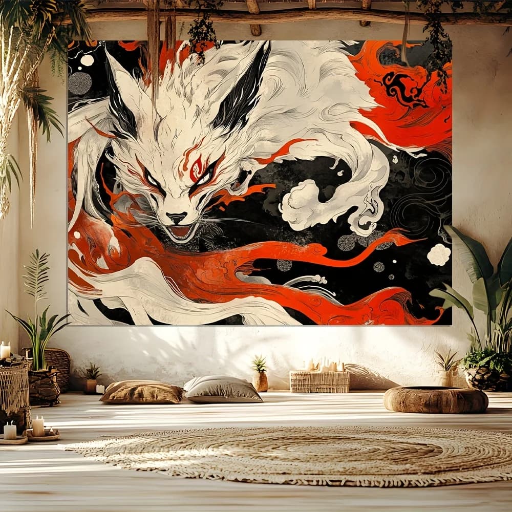 "Mysterious Fox Keeper Tapestry-Arctic White Fox, Zen Meditation Space Wall Cloth Art Deco for Living Room Bedroom