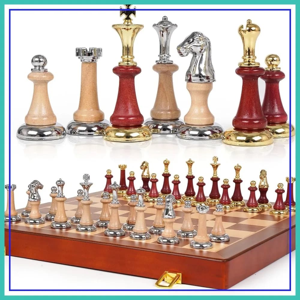 Set di Scacchi in Legno da 17 Pollici con Pezzi in Metallo, 2 Regine Extra, Gioco da Tavolo Strategico Classico