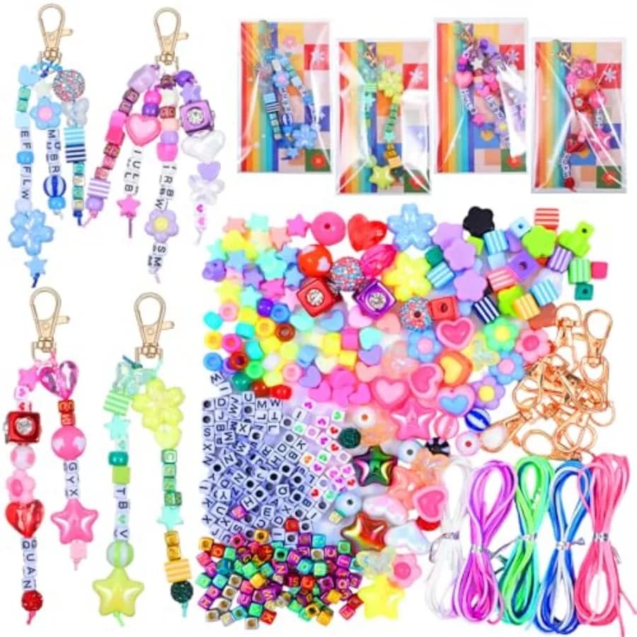 68Pcs Beads Keychain Making Kit, Acrylic Colorful Letter Star Smile Bow Football Baseball DIY Supplies, Beaded Keychain and Bag