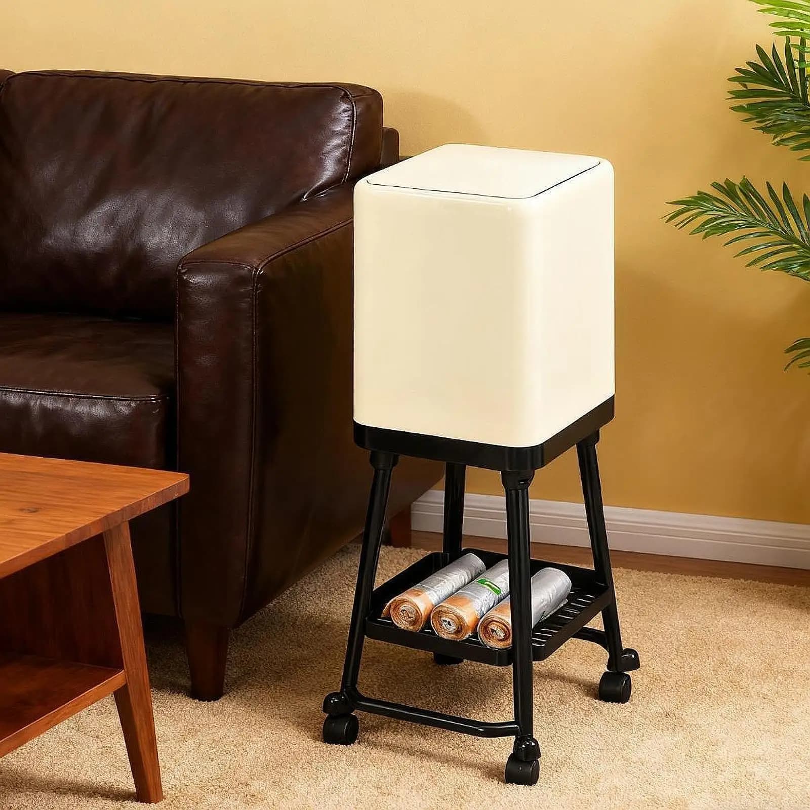 Trash Can with Wheels Rolling Garbage Can Minimalist and Bottom Shelf Dustbin Removable Waste Basket for Dresser Bathroom