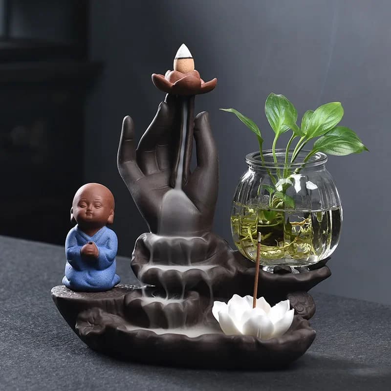 Monaco Zen Ornamenti per la casa Mano di Buddha Artigianato in ceramica Porta bastoncini di incenso con riflusso Incensiere in argilla viola