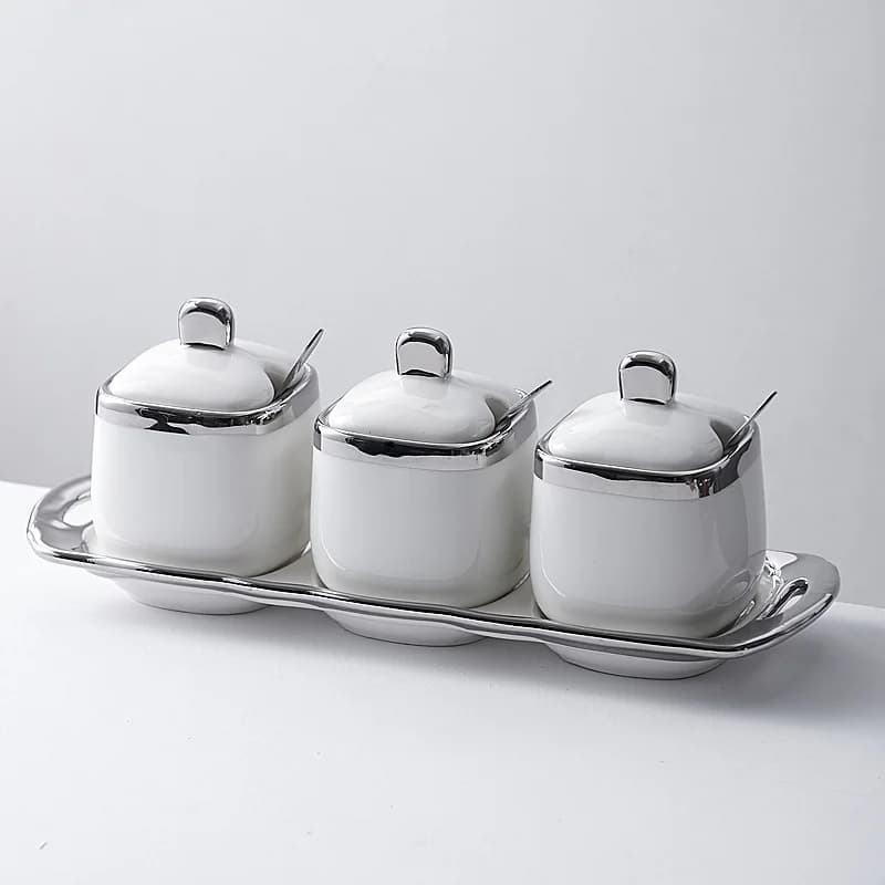 Pentola per condimenti in ceramica scatola per condimenti vassoio in legno bottiglia per condimento zuccheriera per uso domestico padella per sale con cucchiaio forniture da cucina