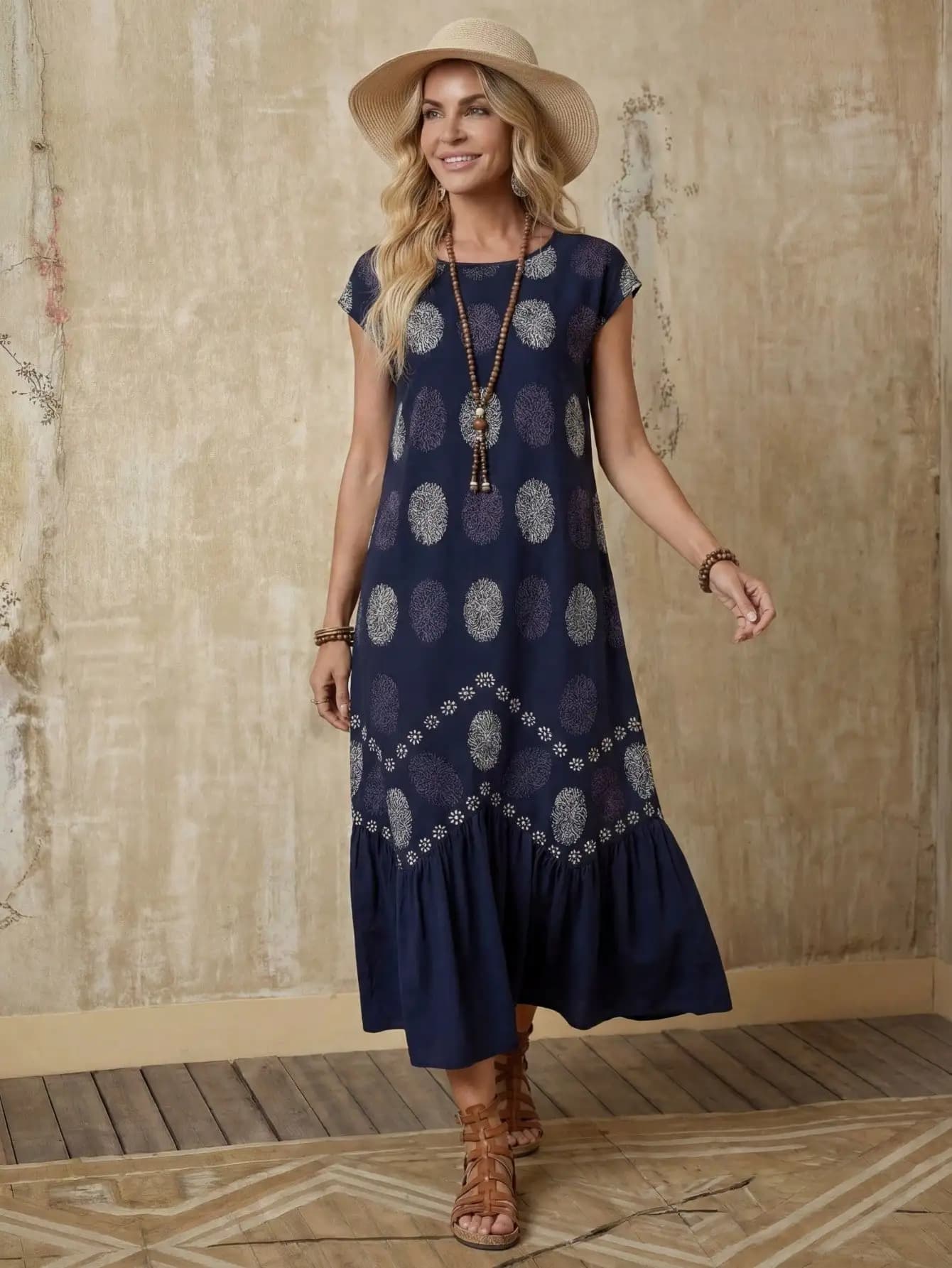 Women's Floral Print Round Neck Cap Sleeve Casual Loose Ruffled Hem Midi Dress