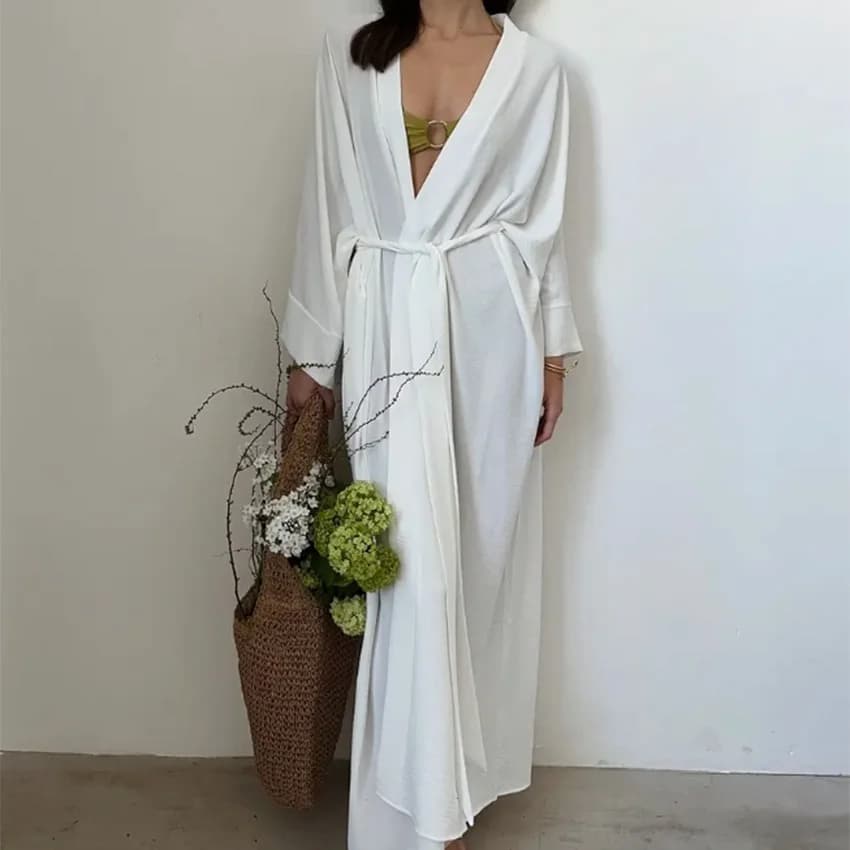 Lady Maxi Robe Women Elegant V Neck Wide Sleeve Belted Loose Fit Luxury Loungewear Dressing Gown Night Bathrobe Lounge Cover Up