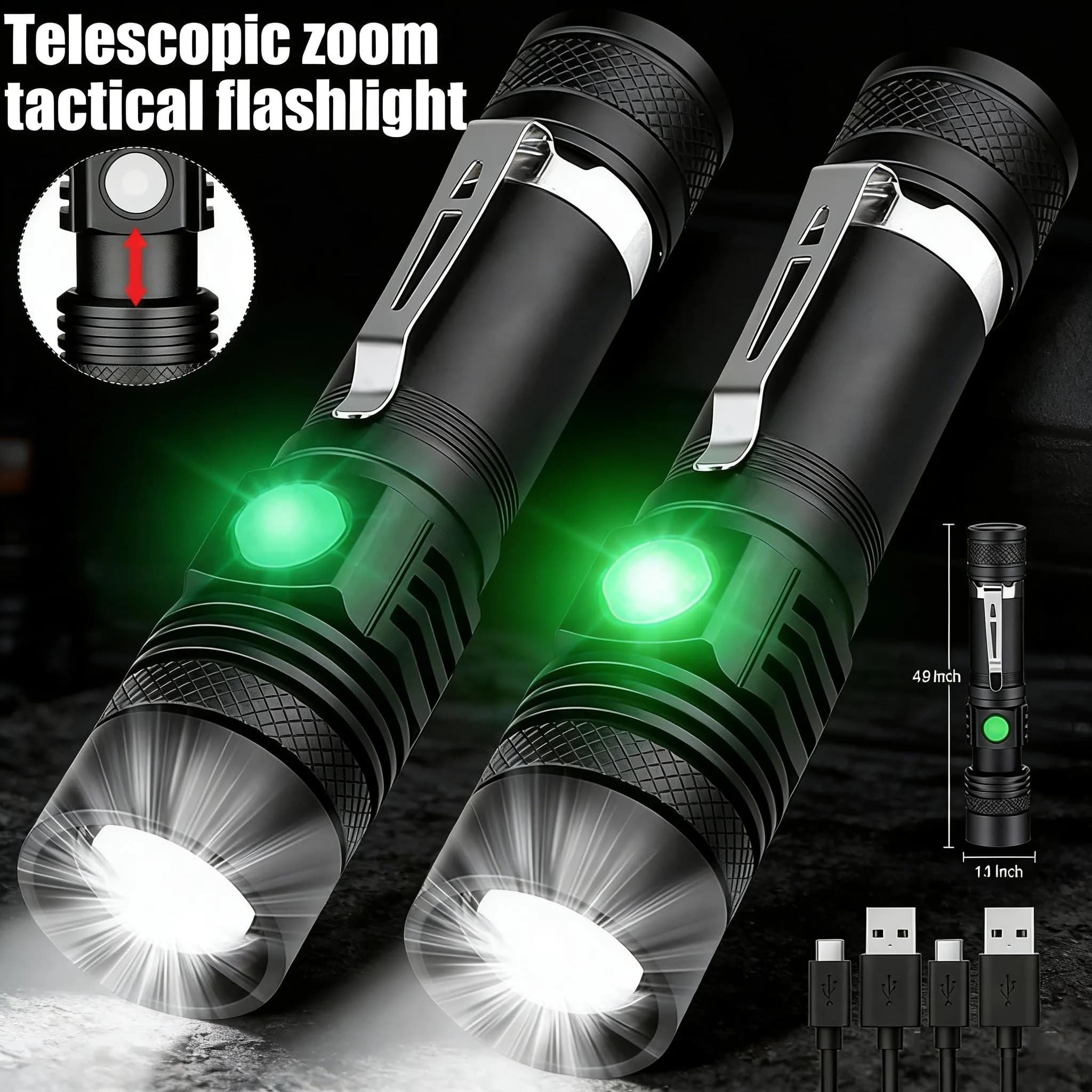 Torcia LED T6 ad alta potenza, zoom regolabile, impermeabile, con clip da borsa, 4 modalità di illuminazione, multifunzione, ricaricabile tramite USB