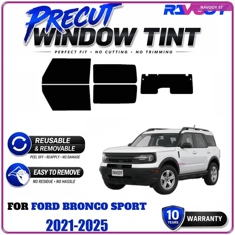 RAVOOY Precut Window Tint, Reusable Removable EPU Film, Custom Fit for Ford Bronco Sport 2021-2025, UV Heat Protection