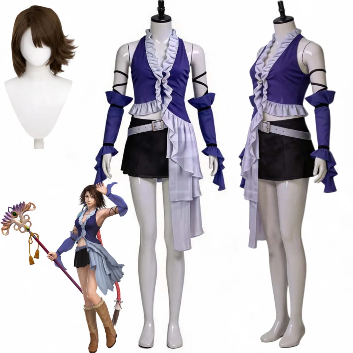 Anime Game FINAL FANTASY X Yuna Cosplay Costume Purple; Tops Skirt Uniform Belt Wig Adult Woman Sexy Carnival Halloween Suit