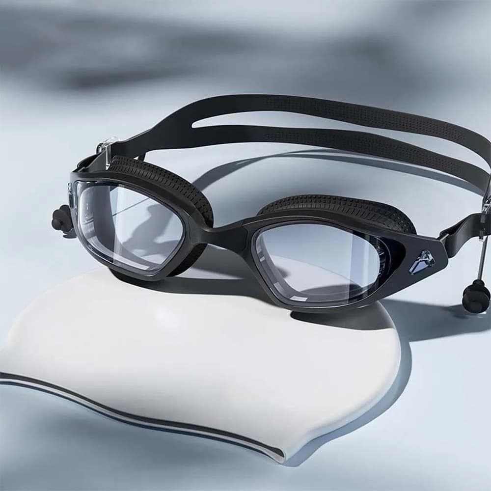 Occhialini da nuoto impermeabili Colori abbaglianti Galvanotecnica Occhiali da nuoto con tappi per le orecchie Occhiali da nuoto antiappannamento per PC con lenti HD