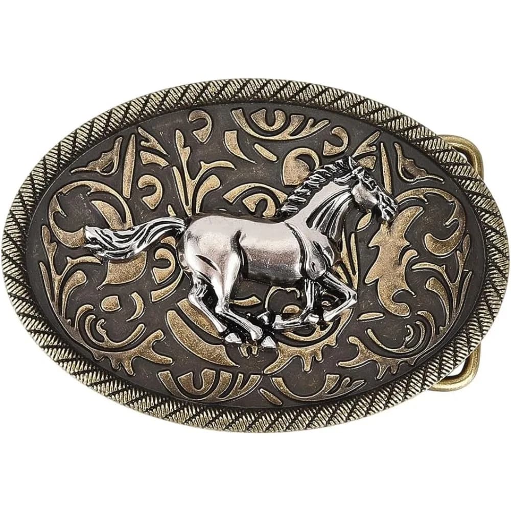 Fibbia per Cintura con Cavallo in Corsa, Stile Western Cowboy e Cowgirl, Ovale 3.6x2.5 Pollici, Bronzo Anticato, Incisa con Cavallo Rodeo, Stile Punk