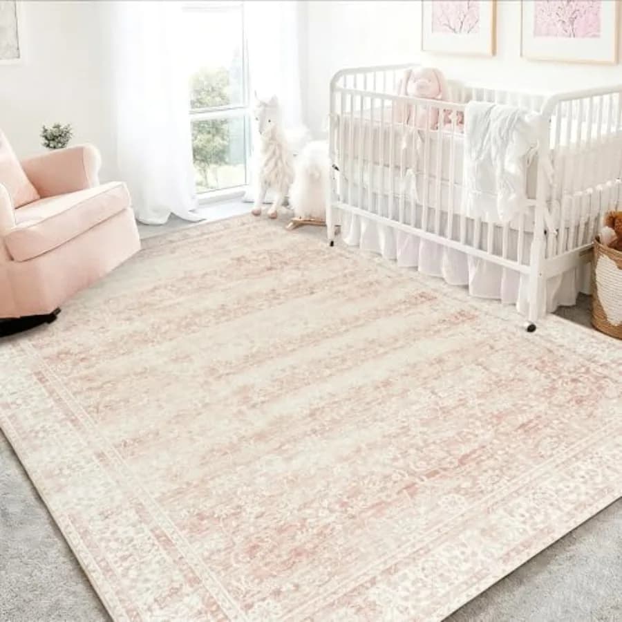 Pink Carpet for Baby Room 5 x 7, Neutral Rose, Boho Style, Floral, Foldable, Washing Machine, Soft Surface to Short Pelo
