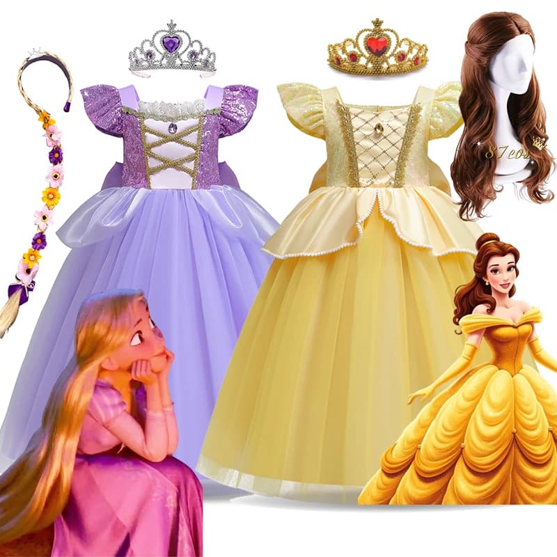 Disney Rapunzel Belle Dress Kids Girl Travestimento Carnevale Costume da principessa Festa di compleanno Vestito Abiti gialli Abiti viola